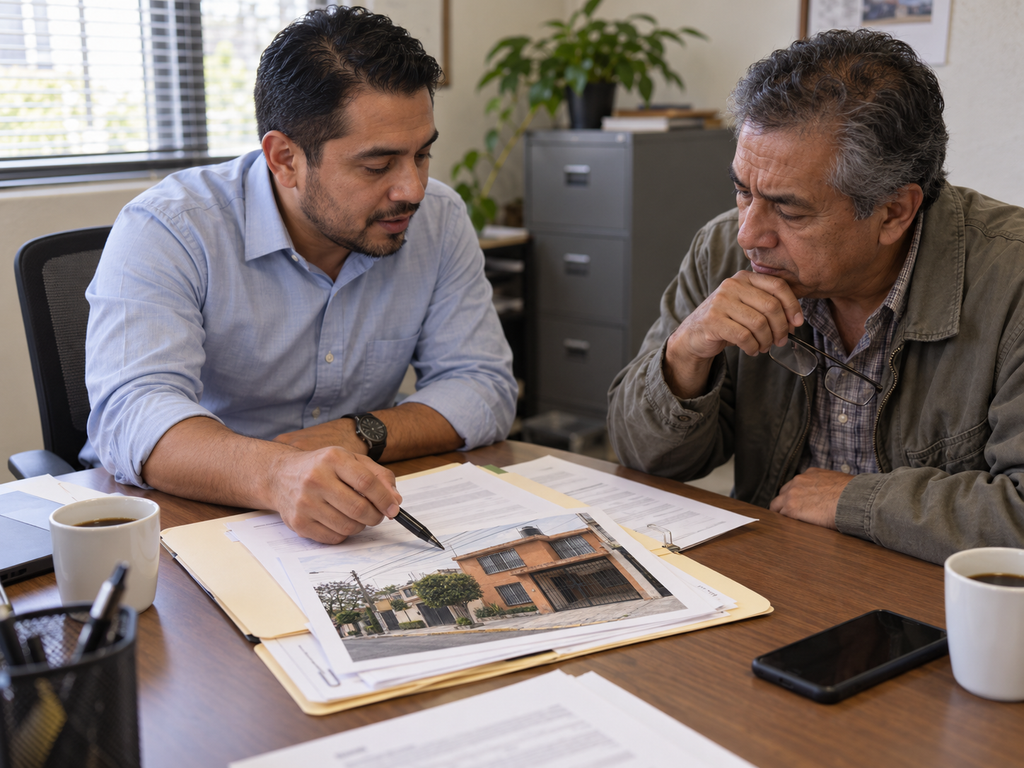 Asesor inmobiliario revisando un expediente de remate bancario con un cliente