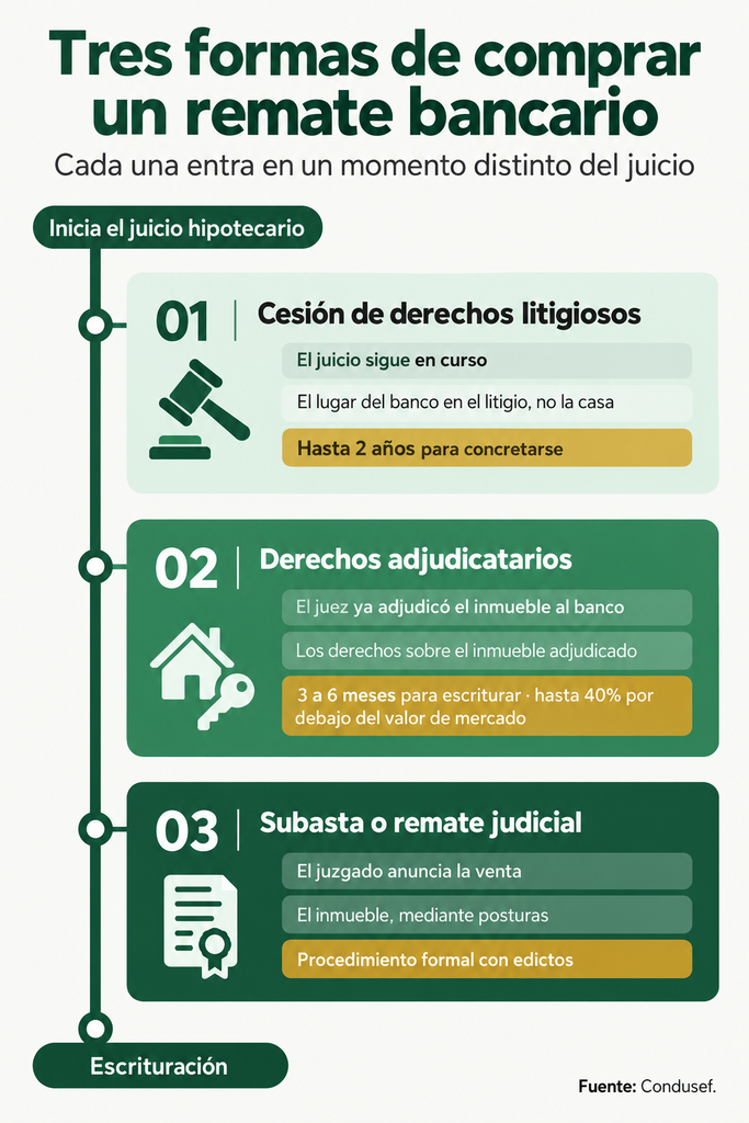 Esquema de las tres formas de comprar un remate bancario: cesión de derechos litigiosos, derechos adjudicatarios y subasta judicial