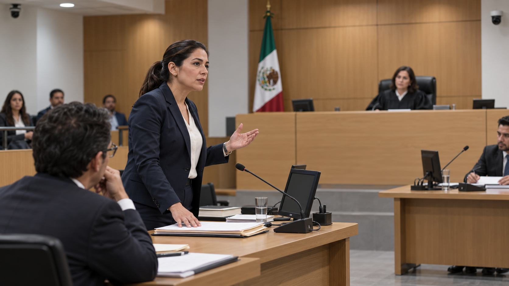 Abogada argumentando ante un juez en una audiencia oral del sistema penal acusatorio