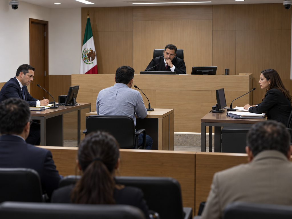 Sala de audiencias penal con juez, Ministerio Público y defensa, ilustrando el principio de inmediación