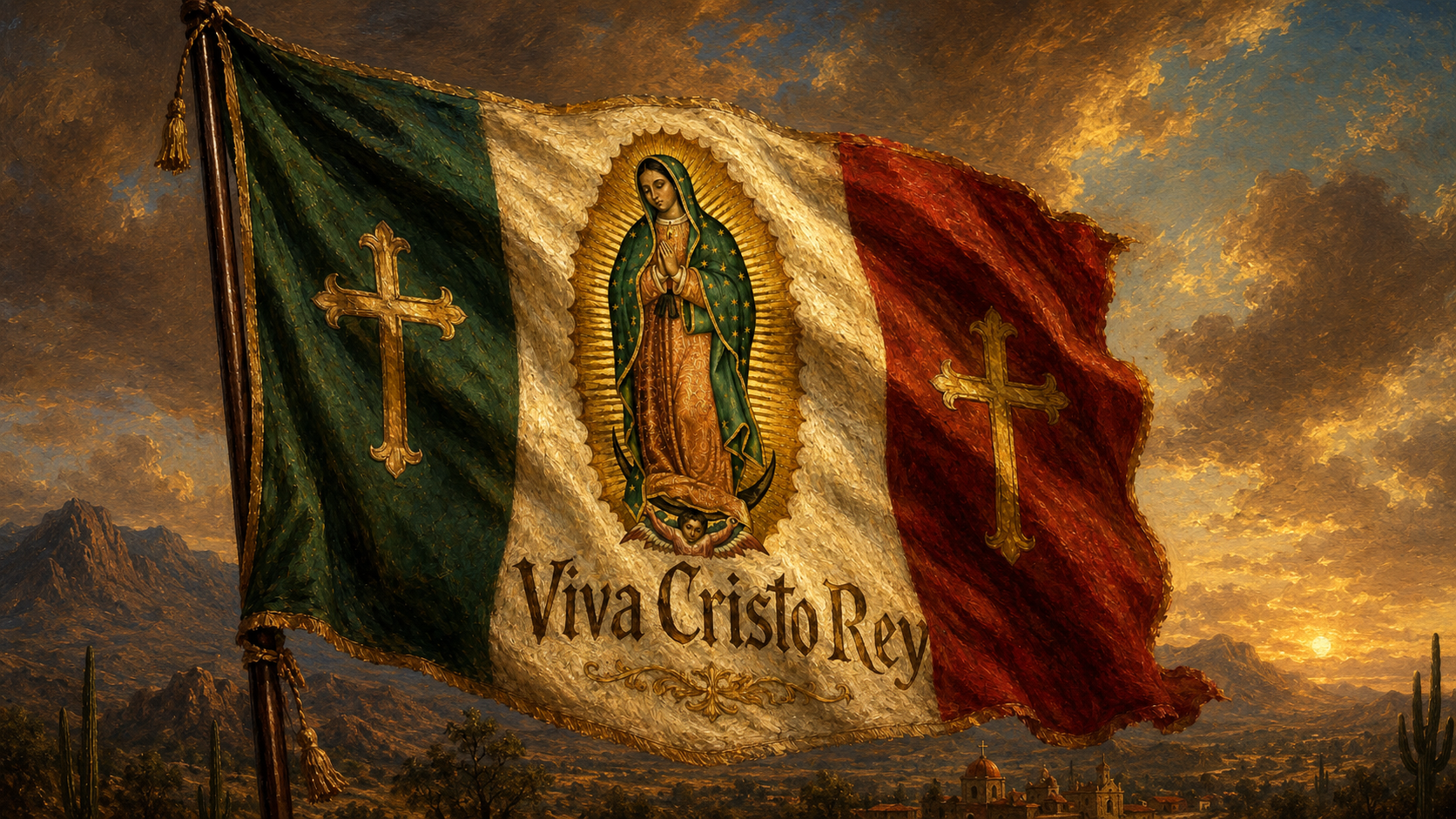 Bandera cristera con la imagen de la Virgen de Guadalupe y la leyenda Viva Cristo Rey