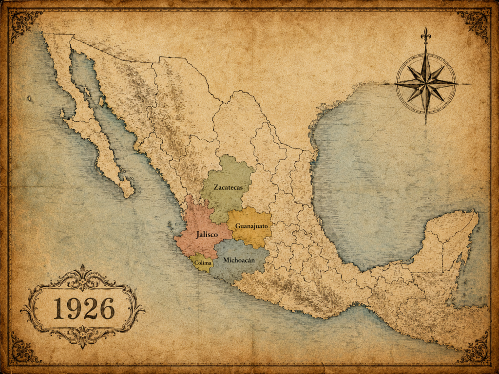 Mapa del centro-occidente de México donde se concentró la Guerra Cristera de 1926 a 1929