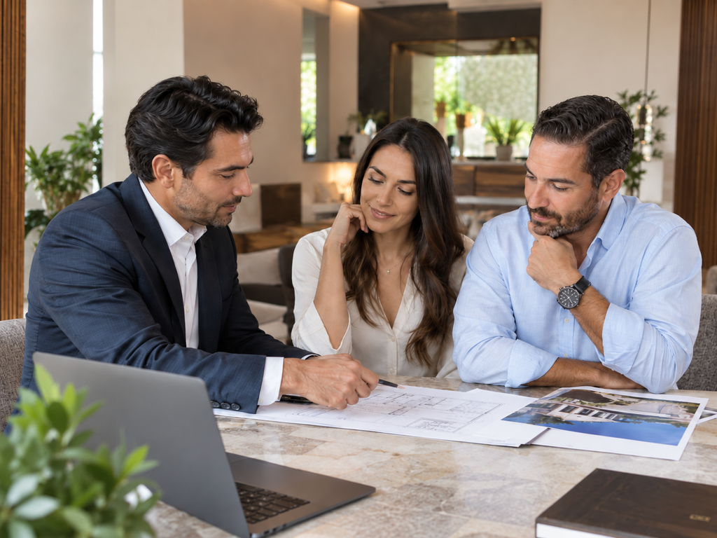 Agente inmobiliario asesorando a clientes en la compra de una propiedad