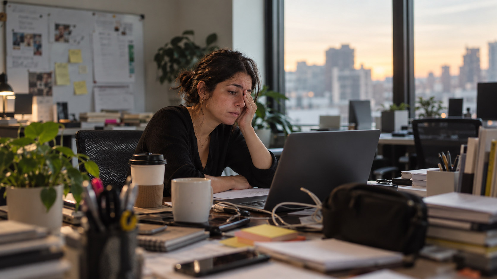 Mujer profesionista frente a su computadora con gesto de agotamiento, una de las señales de burnout laboral