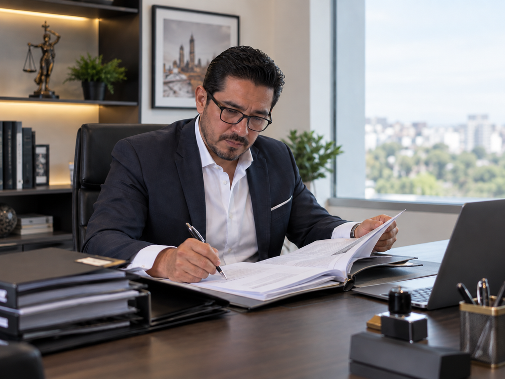 Asesor inmobiliario certificado revisando documentación de un remate bancario
