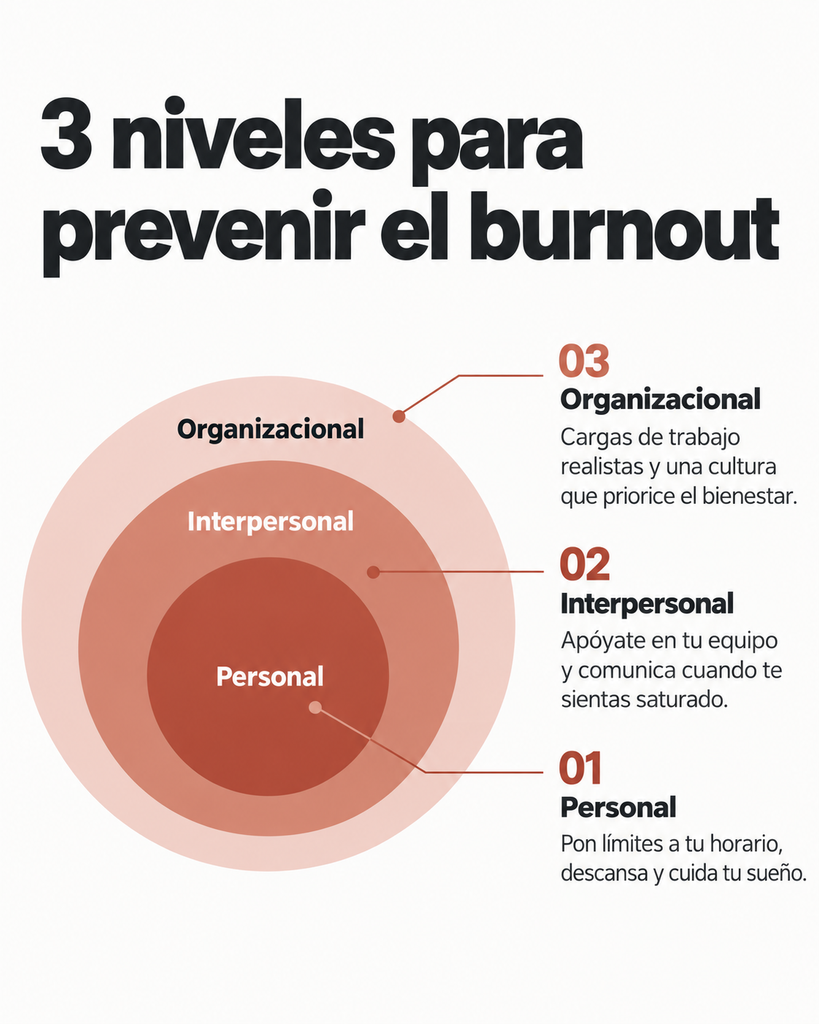 Esquema de los tres niveles para prevenir el burnout: personal, interpersonal y organizacional