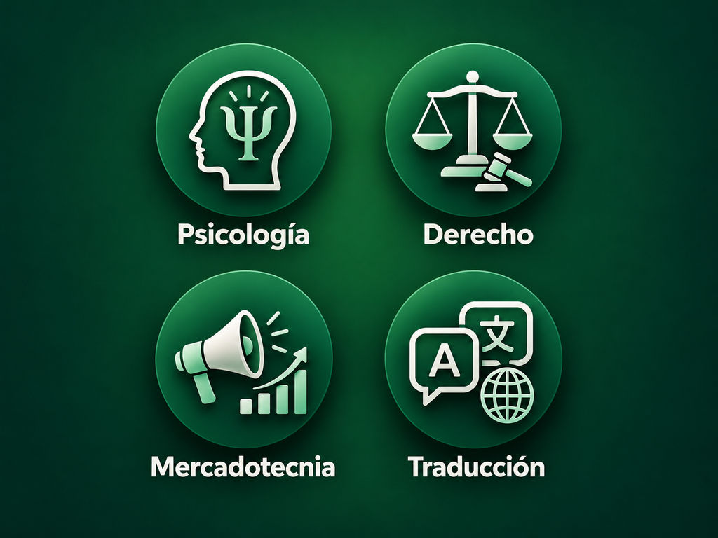 Íconos de las 4 licenciaturas a distancia de la UIC: Psicología, Derecho, Mercadotecnia y Traducción